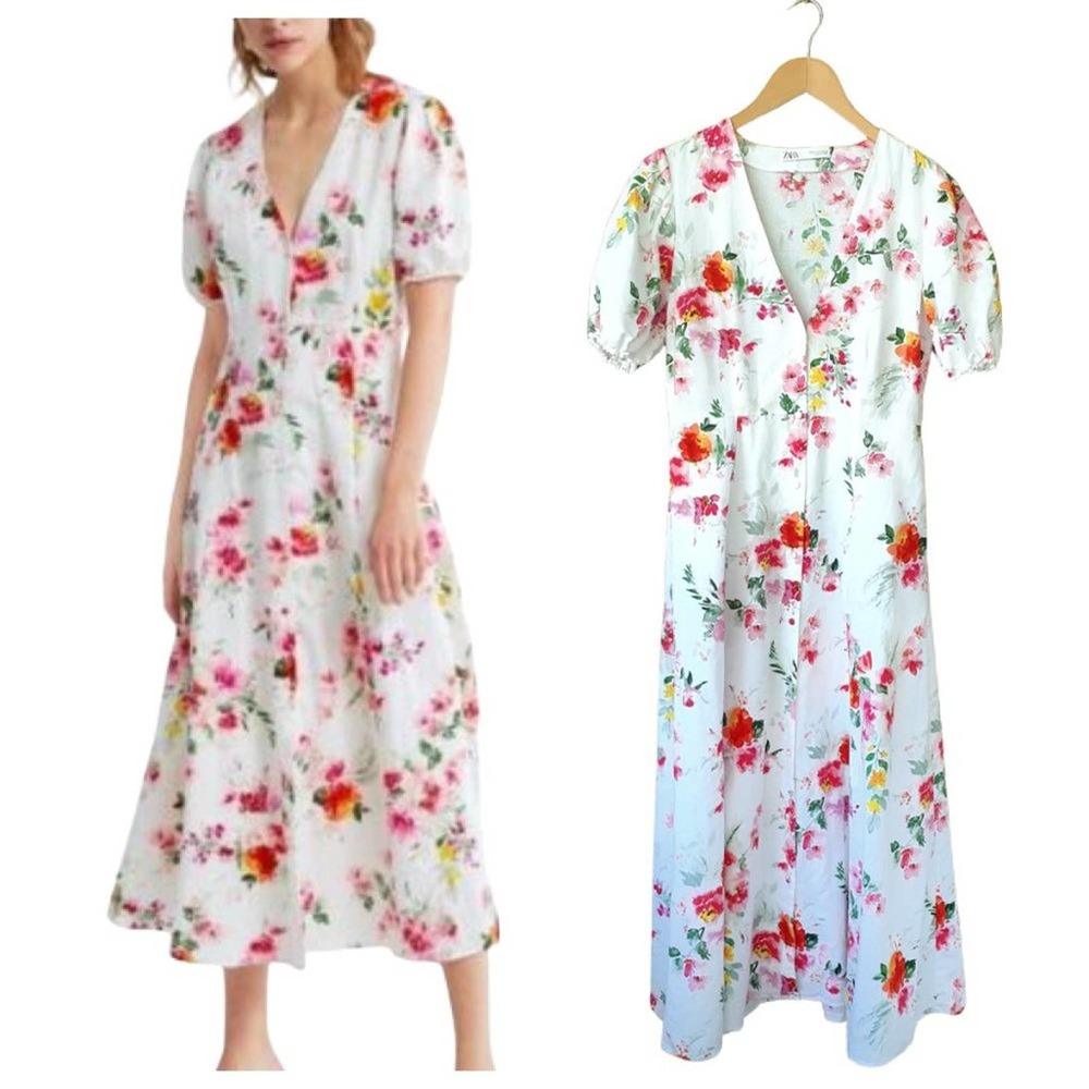ZARA White Floral Linen Blend Midi Maxi Dress Puff Sleeve Medium